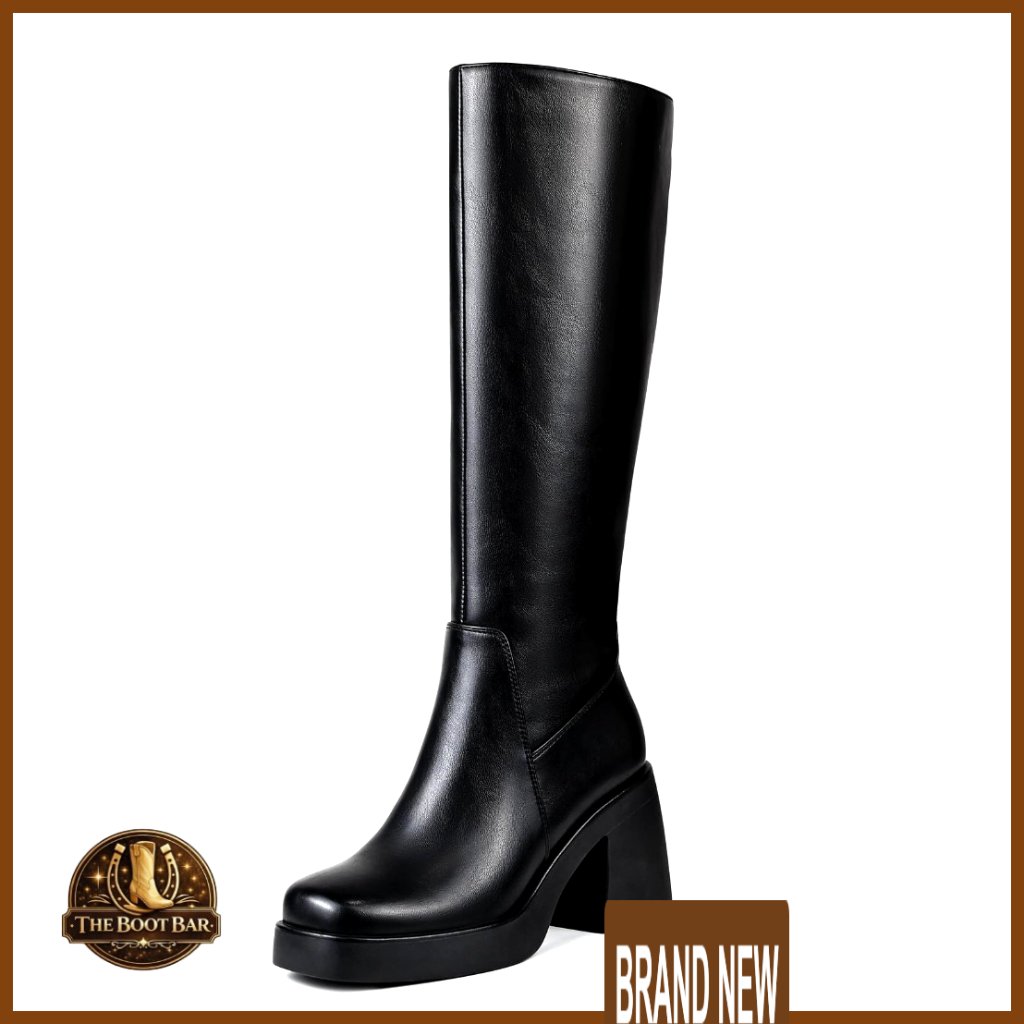 Knee High Boots Square Toe Chunky Heel Fashion Tall Boots Side Zipper